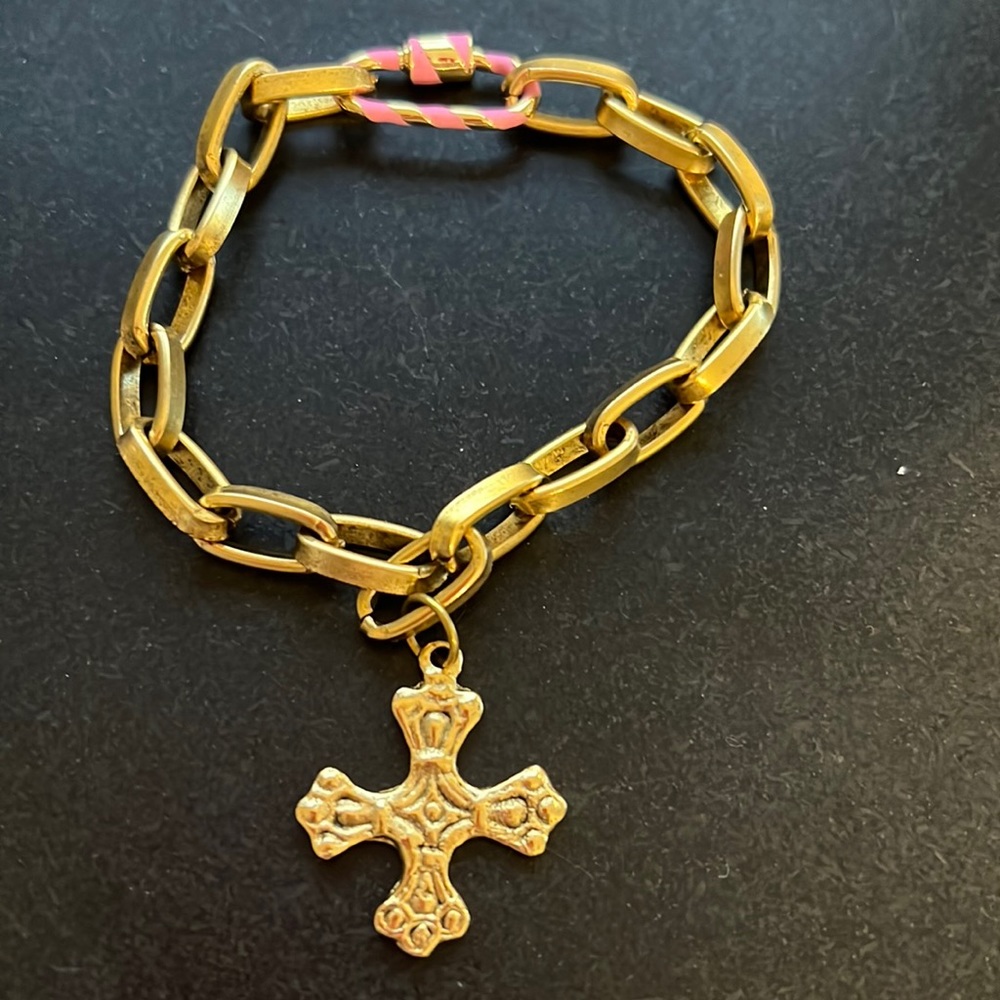 Handmade bracelet . Gold plated paper clip link…with pink clasp and cross